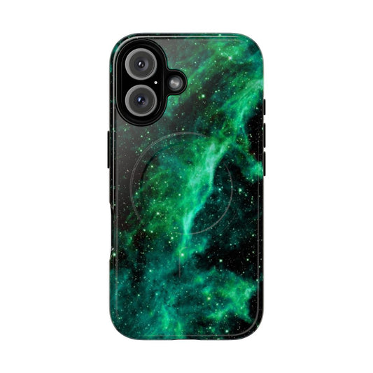 Green phone case with galaxy, cosmic, and space design