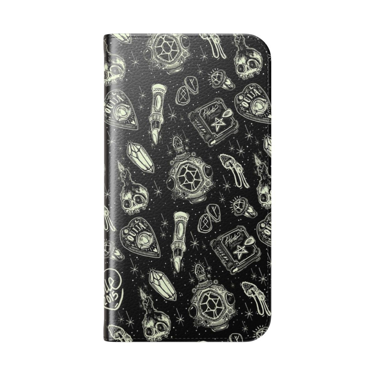 Flip cover phone case with a mystical, magical, and spooky pattern design - Folded Back