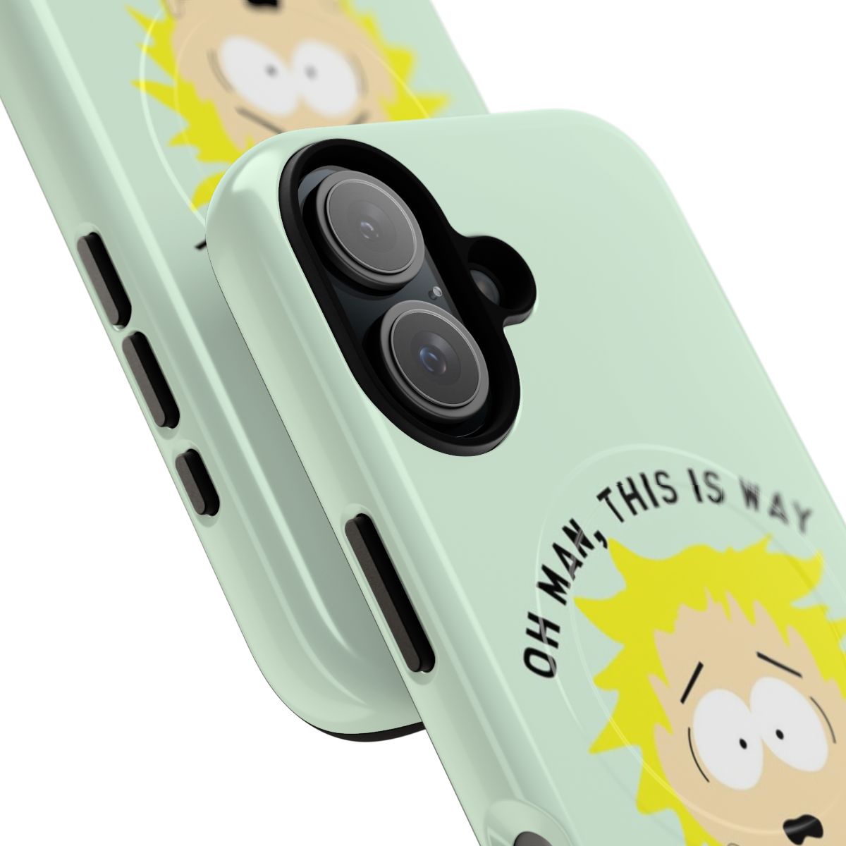 Magnetic tough phone cases with images of South Park characters Tweek Tweak, Stan Marsh, Kyle Broflovski, Eric Cartman, and Kenny McCormick. - Detail