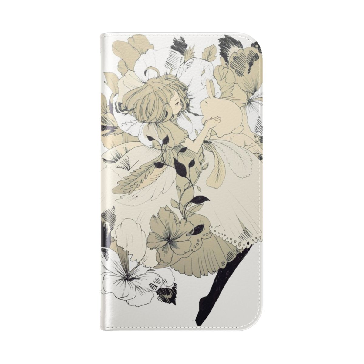 Flip cover phone case with a rabbit, ink, and girl design - Folded Back