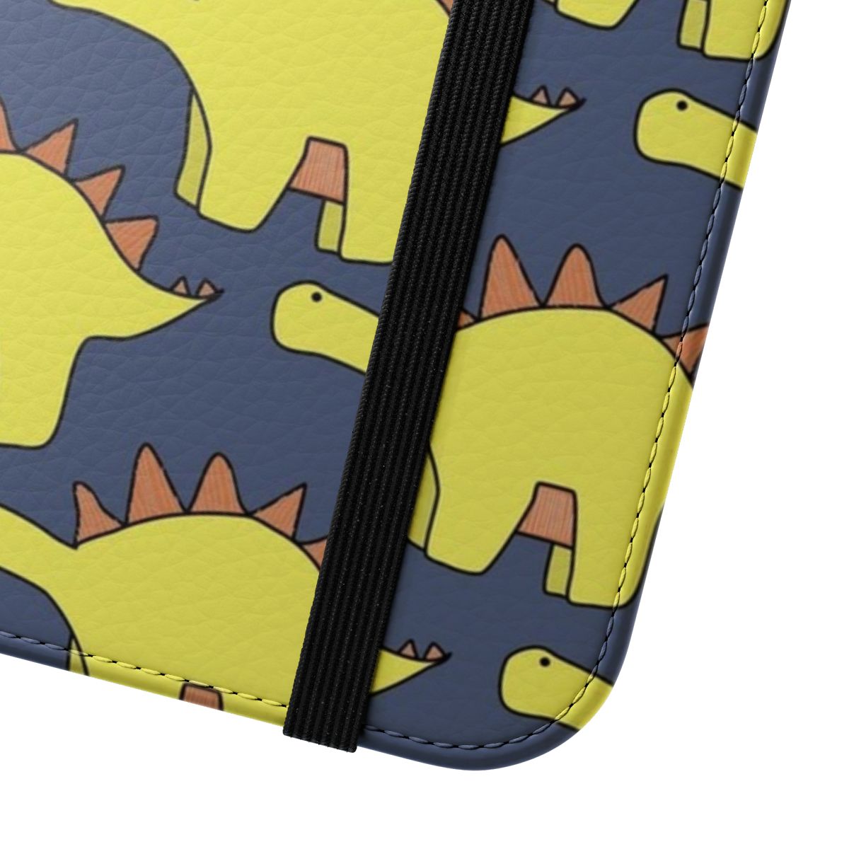 Closeup of a vibrant dinosaur pattern flip cover phone case - Close Up