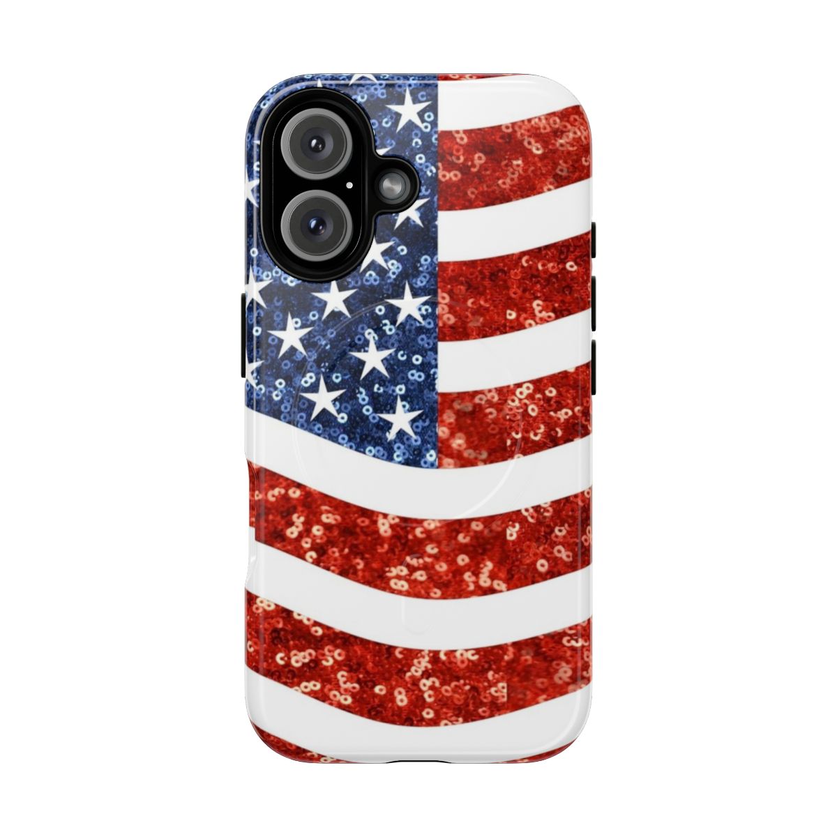 Glitter American flag phone case with a magnetic, tough design