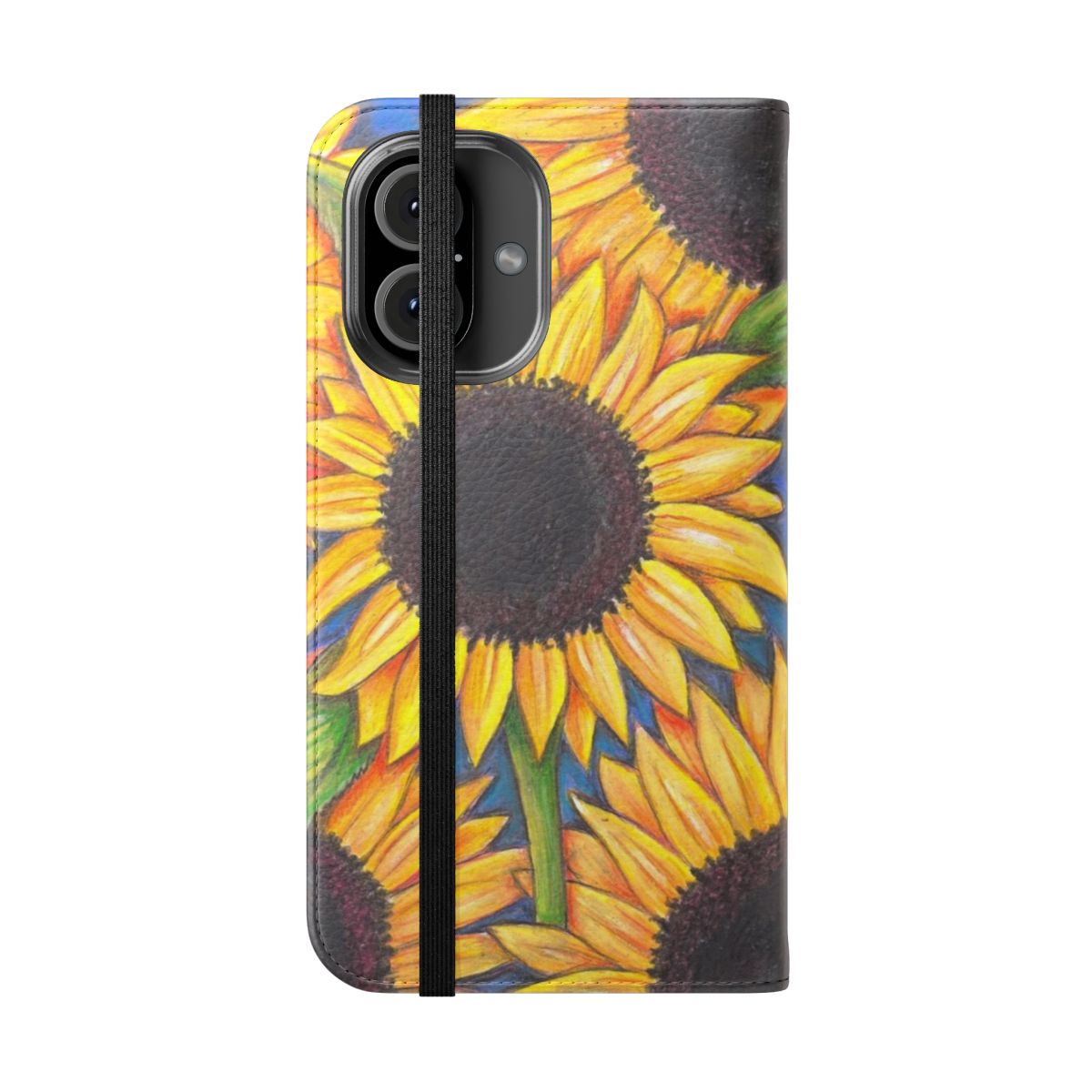 A colorful flip phone case featuring a stunning sunflower design. - Folded Front