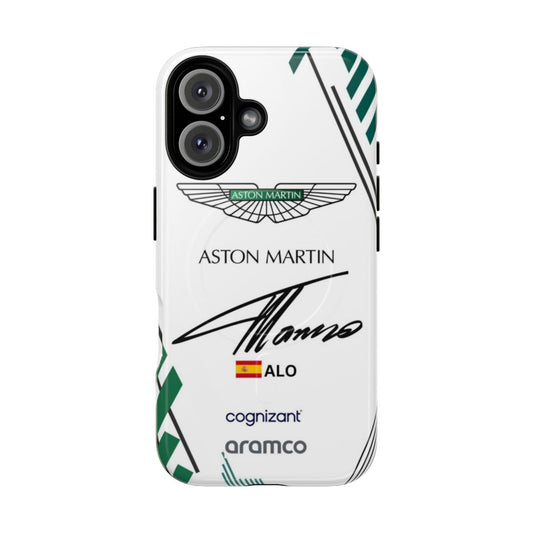 Premium magnetic tough phone case featuring a Fernando Alonso Aston Martin F1 design