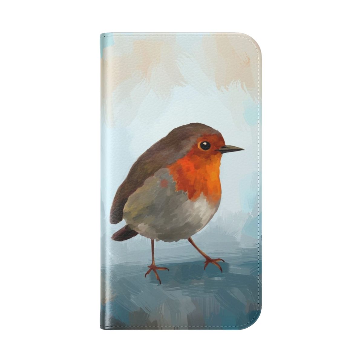 Close-up portrait of a robin bird with bright orange and blue feathers on a phone case. - Folded Back