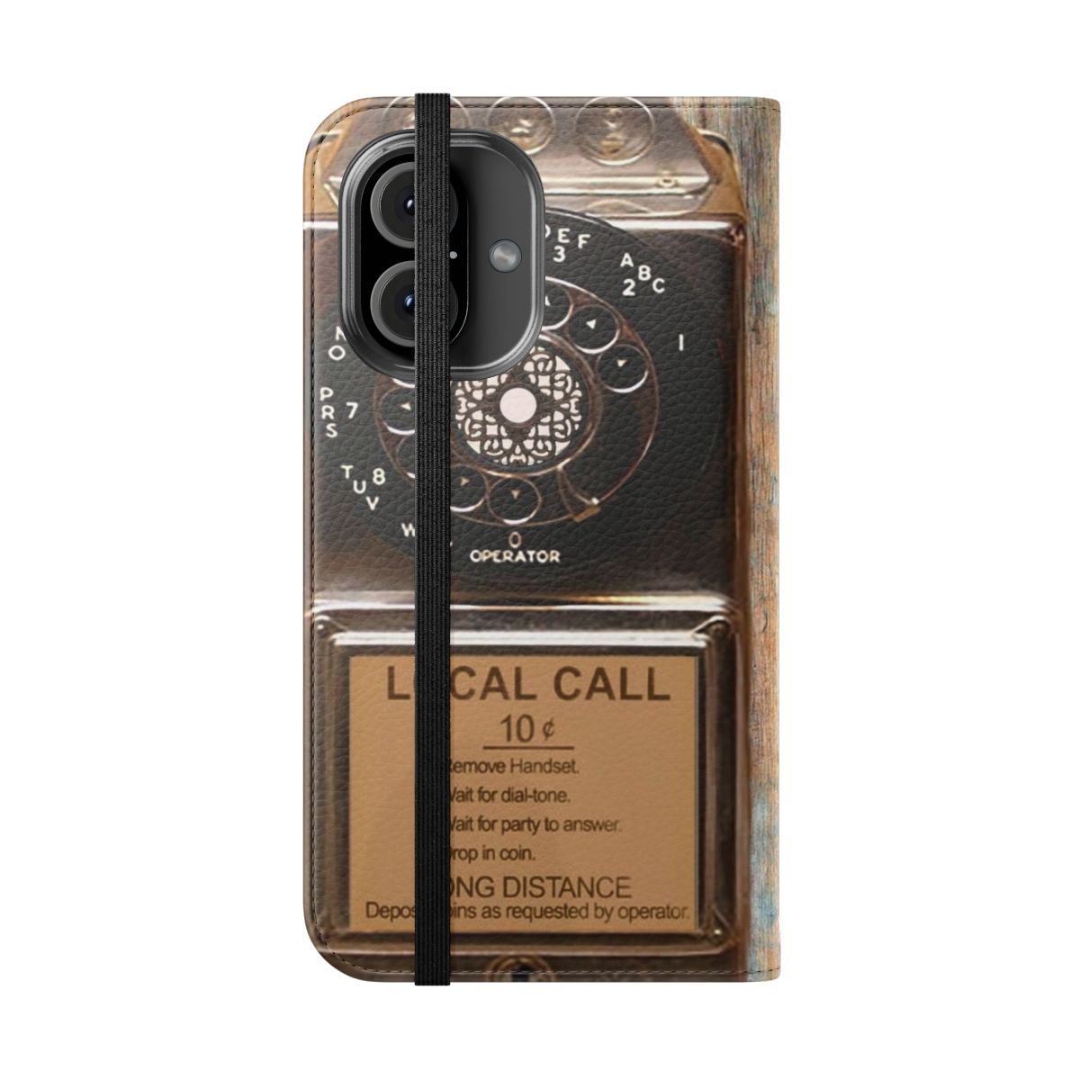 Flip phone case with vintage rotary dial and telephone booth design - Folded Front