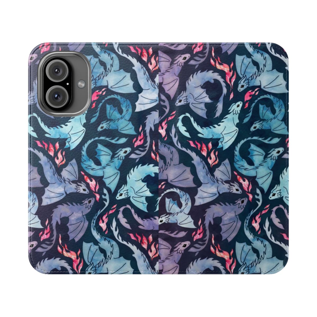 Turquoise and purple watercolor-style fantasy dragon design on a phone case