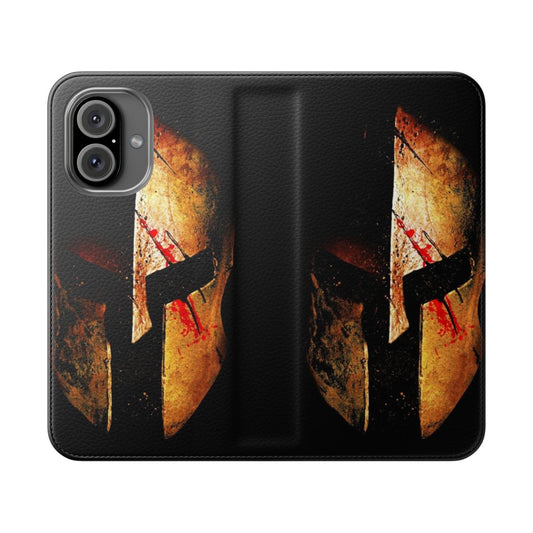 Spartan-themed flip cover phone case with dark art and bloody drip design