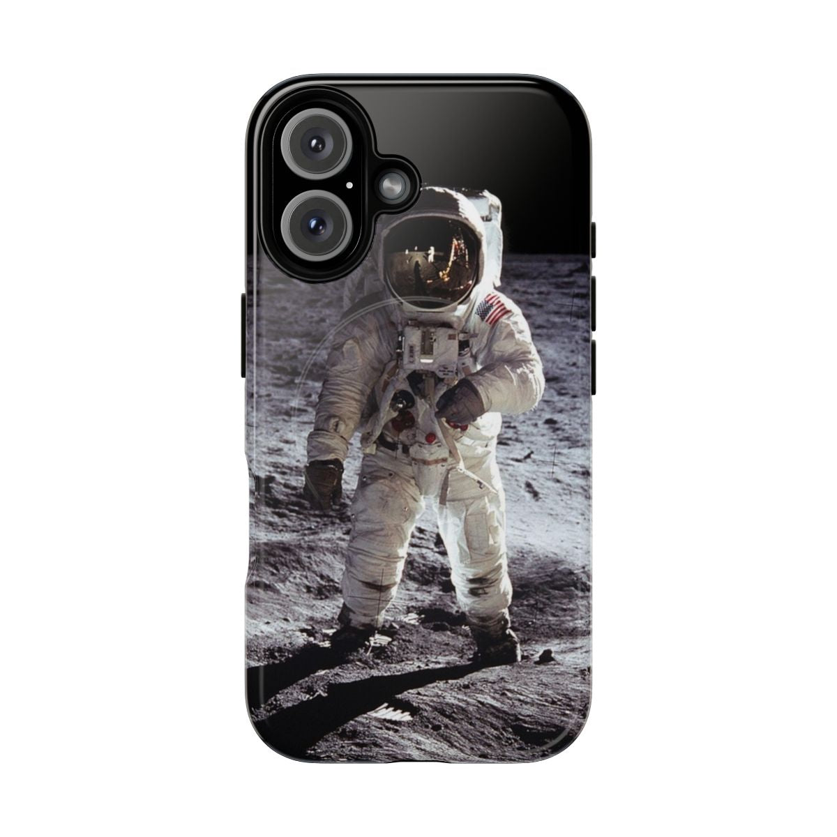 Vintage-style phone case featuring astronaut Buzz Aldrin on the moon