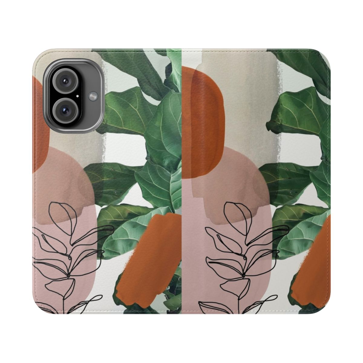 A minimalist flip cover phone case with abstract nature-inspired designs, featuring leaves, geometric shapes, and a modern, rustic aesthetic.