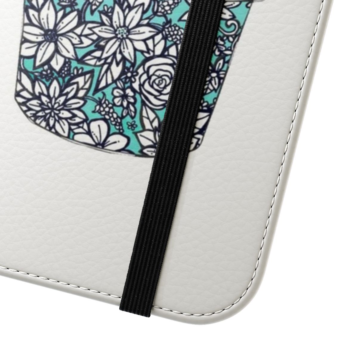 Floral coffee-themed phone case with teal and white flowers - Close Up