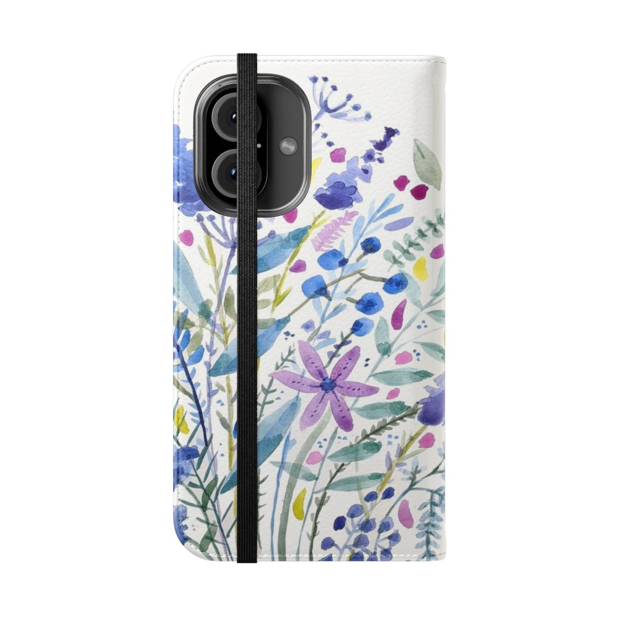 Vibrant watercolor-style floral and botanical pattern on a protective phone case - Folded Front