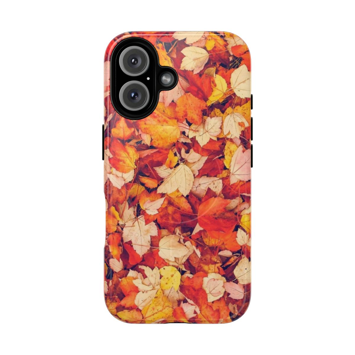 Closeup of scarlet and orange fall leaves on a phone case