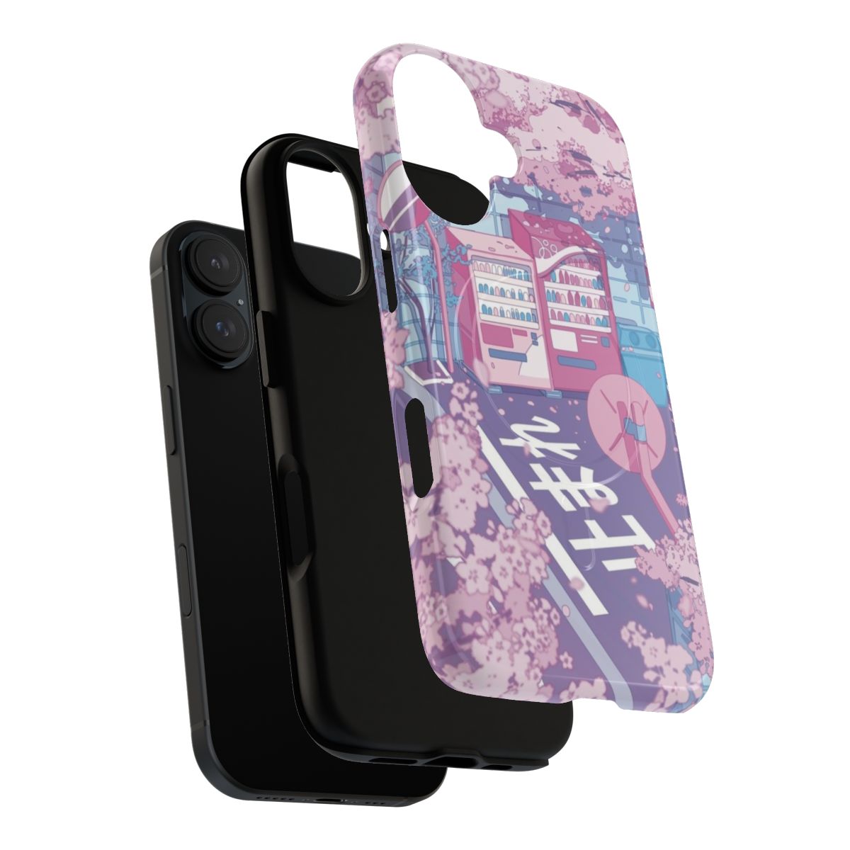 A pastel-colored phone case featuring a beautiful Japanese street scene with a pink sakura tree in bloom. - Layers