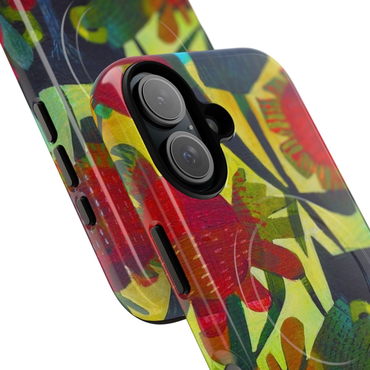 Colorful magnetic tough phone case featuring a vibrant garden scene with a cat - Detail