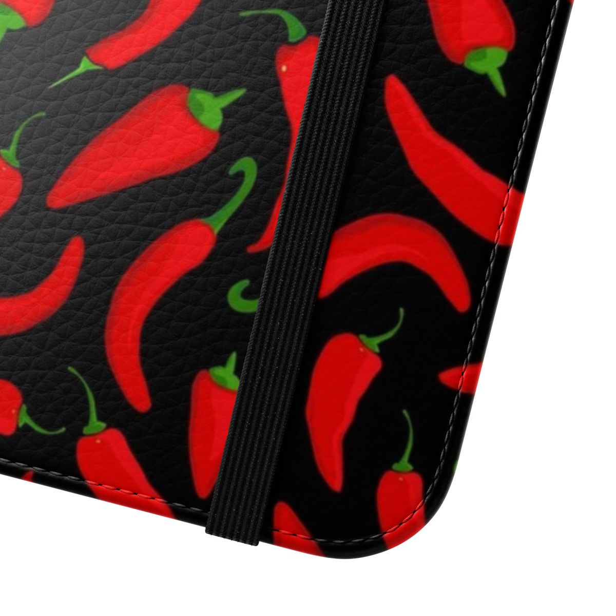 A stylish black phone case with a vibrant red chili pepper pattern design. - Close Up