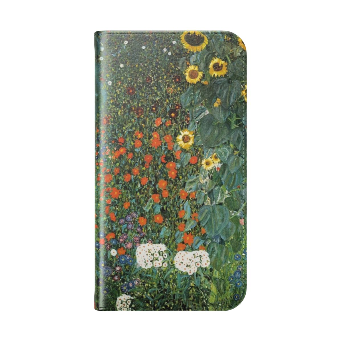 Flip cover phone case featuring a vibrant sunflower design inspired by the artwork of Gustav Klimt - Folded Back