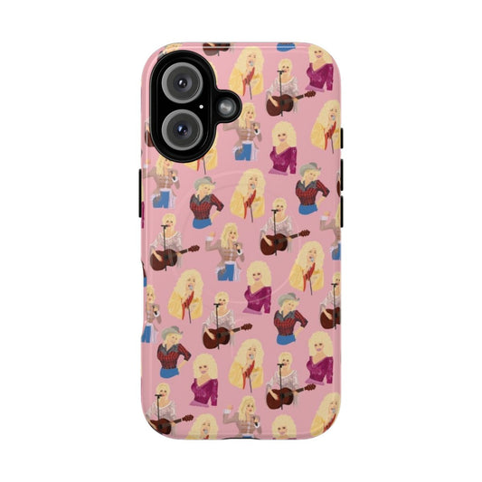 Retro magnetic phone case featuring a Dolly Parton inspired design in shades of pink and vintage patterns