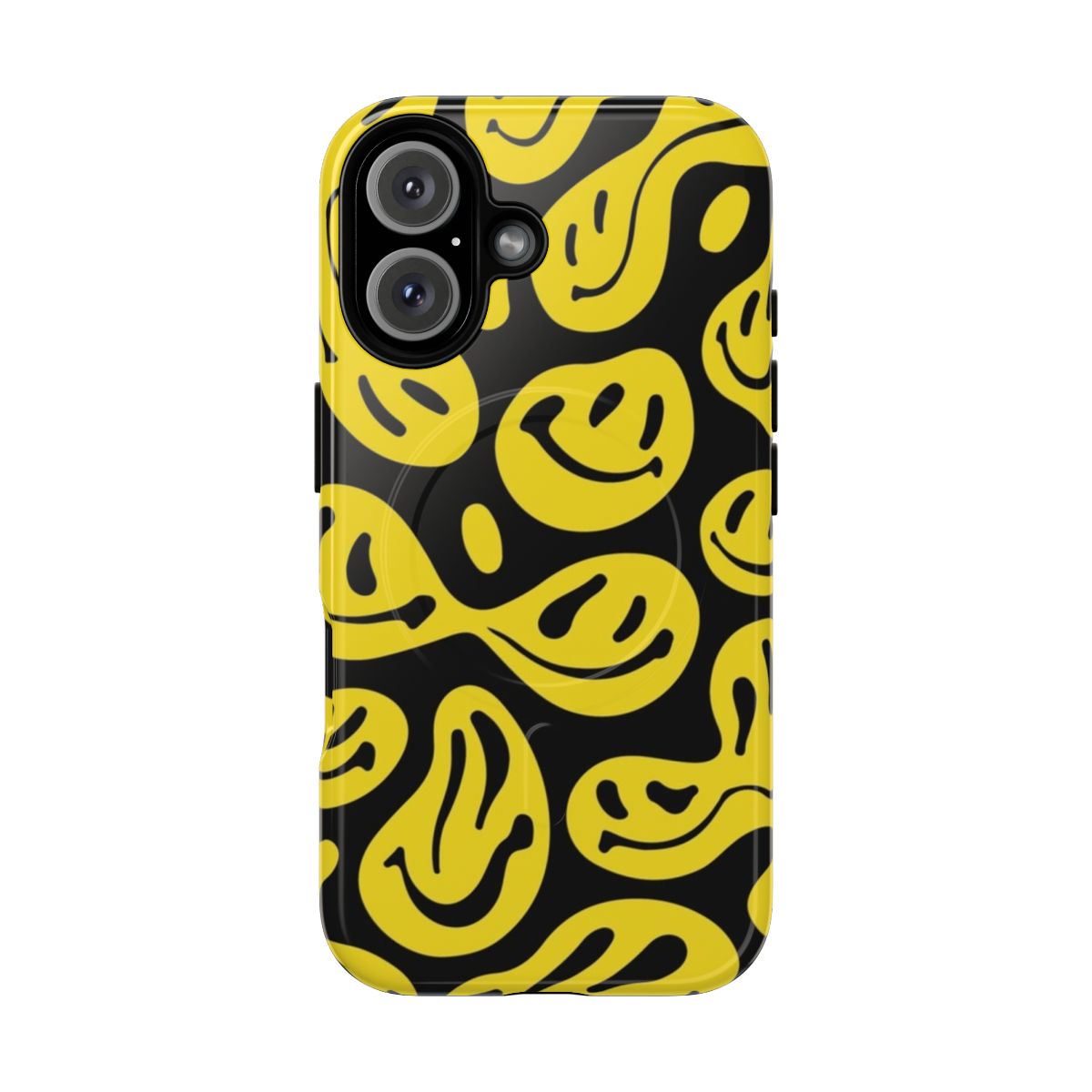 Vibrant, trippy melting smiley design on a magnetic phone case