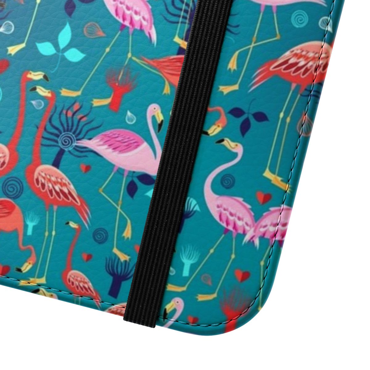 Colorful flamingo pattern phone case with tropical leaves and hearts - Close Up