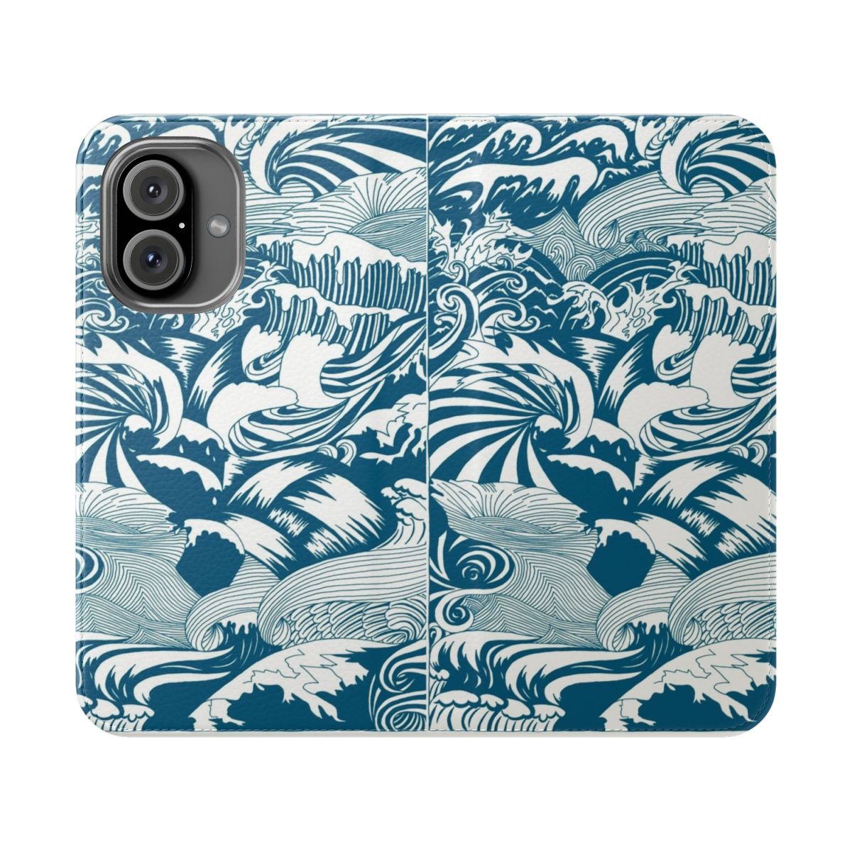 A blue and turquoise phone case with a dynamic wave pattern, evoking the beauty of the ocean.