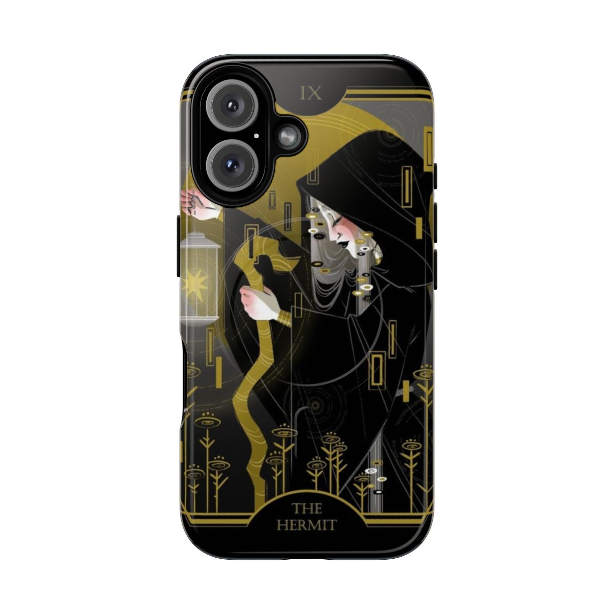 Artistic phone case featuring the Hermit tarot card in a gold and black art nouveau design.