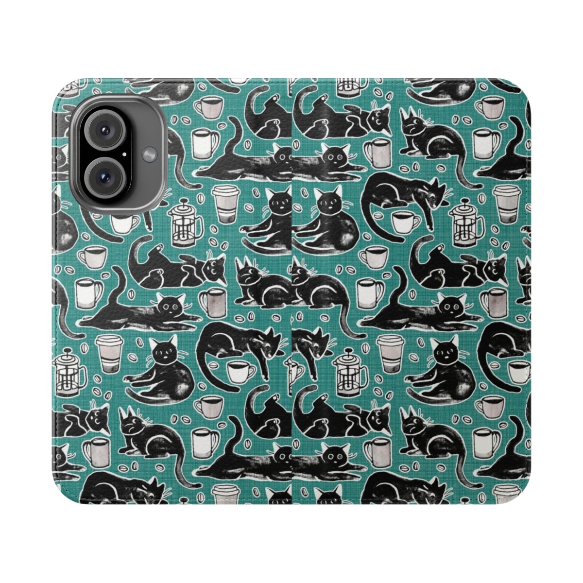 A flip phone case featuring a hand-painted black cat design in gouache with a textural background.