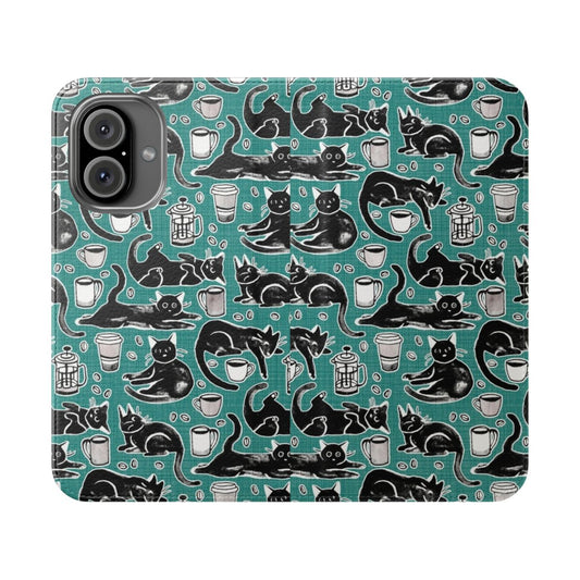 A flip phone case featuring a hand-painted black cat design in gouache with a textural background.