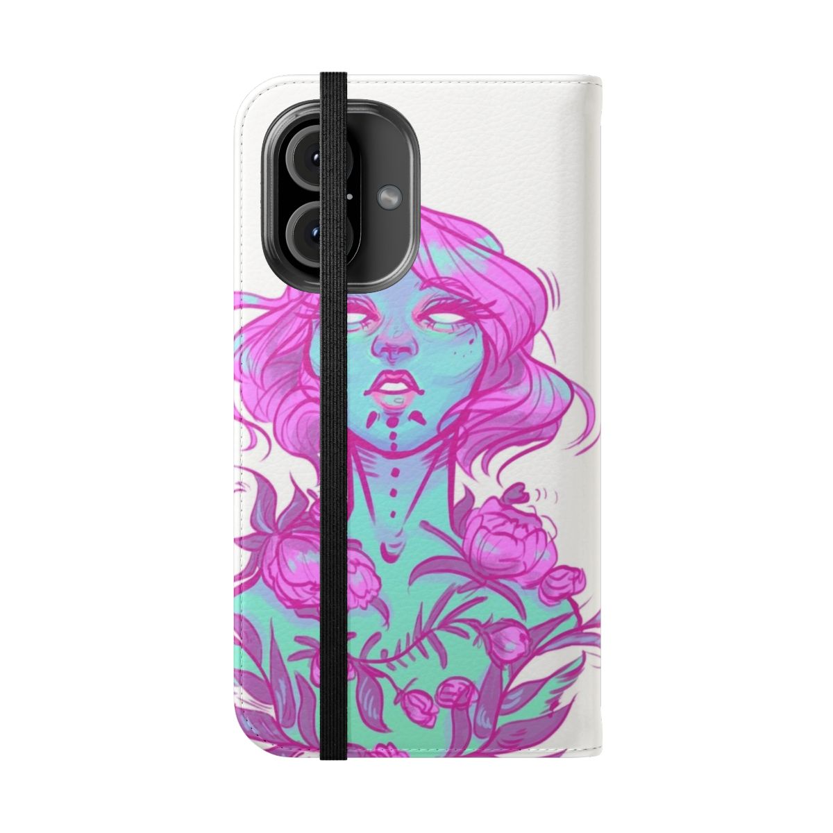 Pastel grunge aesthetic flip phone case with floral and tattoo-inspired design - Folded Front