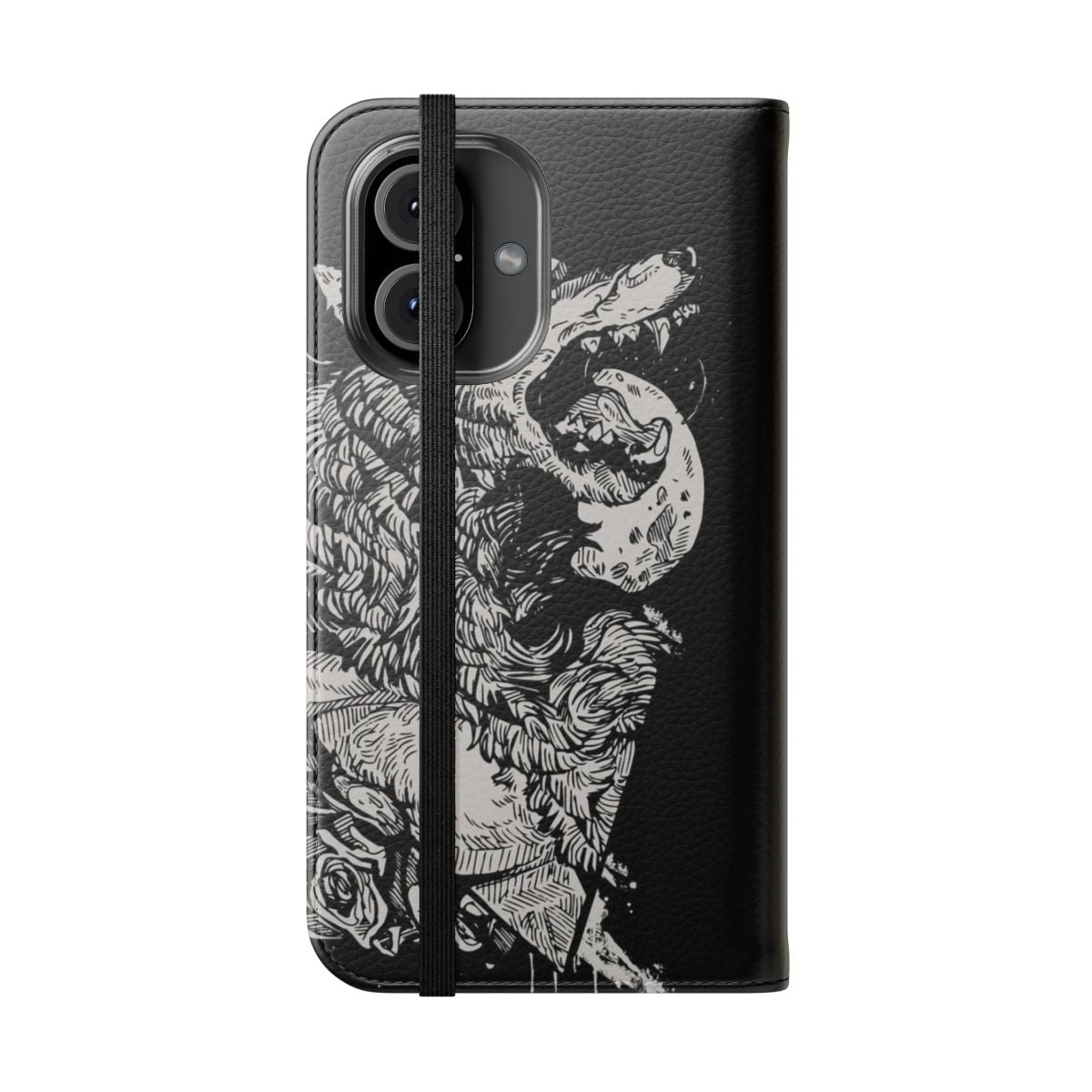 Closeup of a stylish flip cover phone case featuring a detailed werewolf design - Folded Front