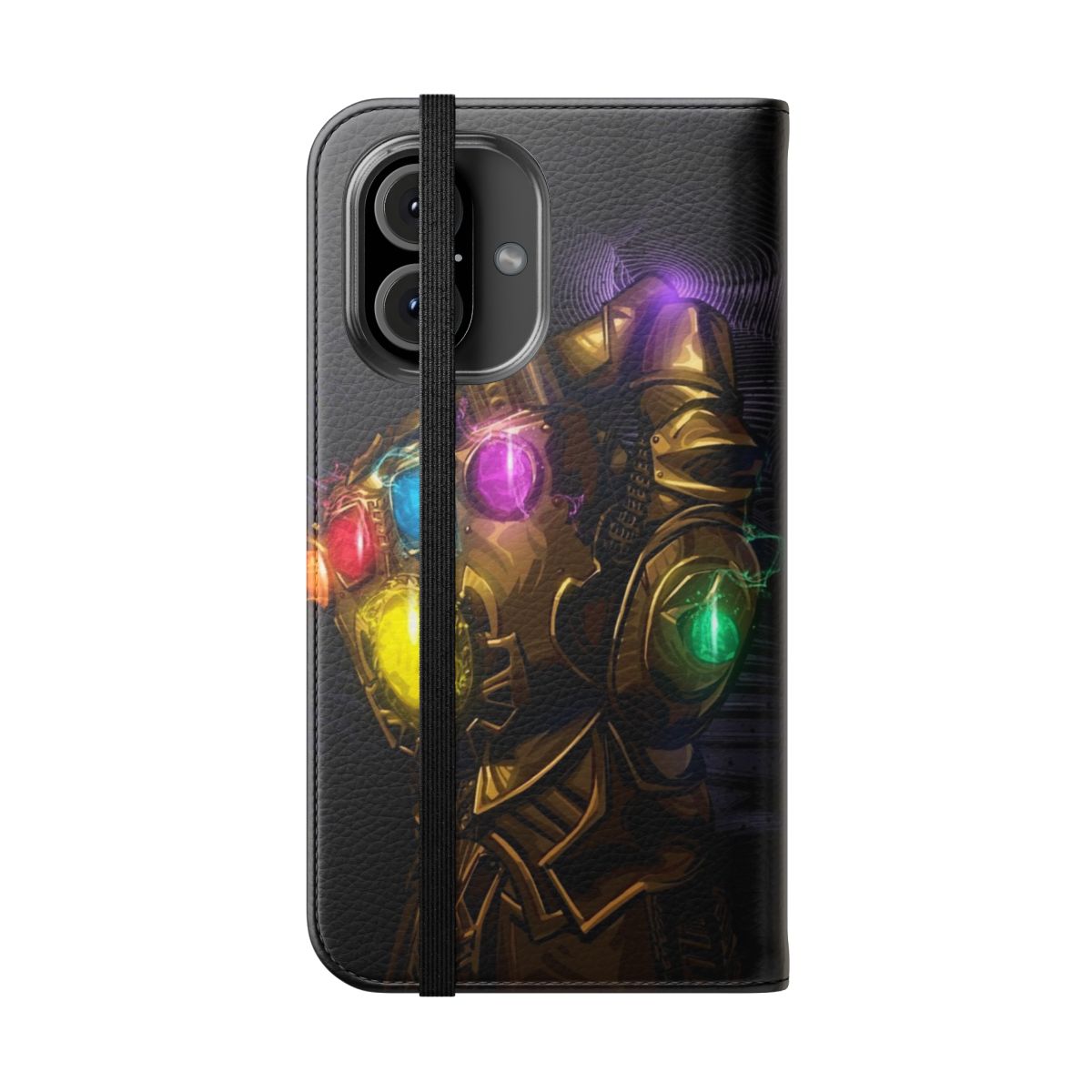 Decimation-themed flip cover phone case featuring Avengers and Marvel Comics design - Folded Front