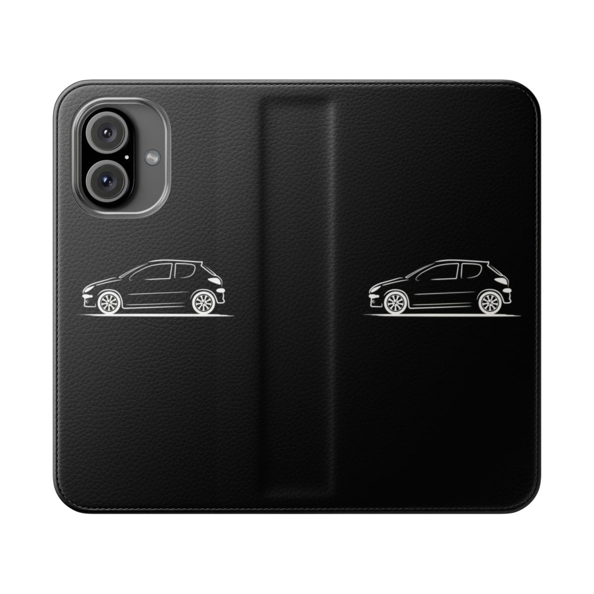 Peugeot 206 inspired flip cover phone case with classic car silhouette design