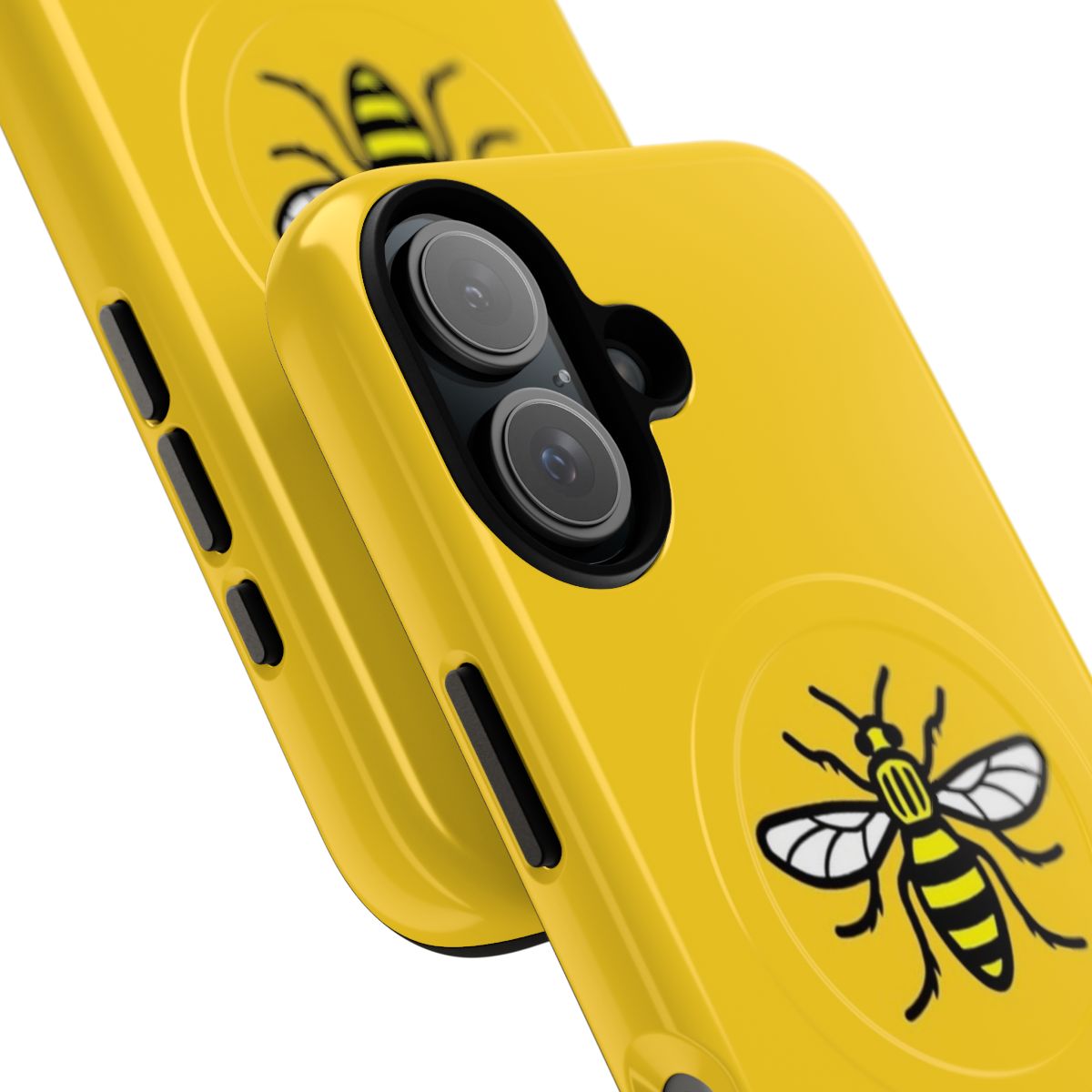 A magnetic phone case featuring a worker bee design, representing Manchester, UK. - Detail