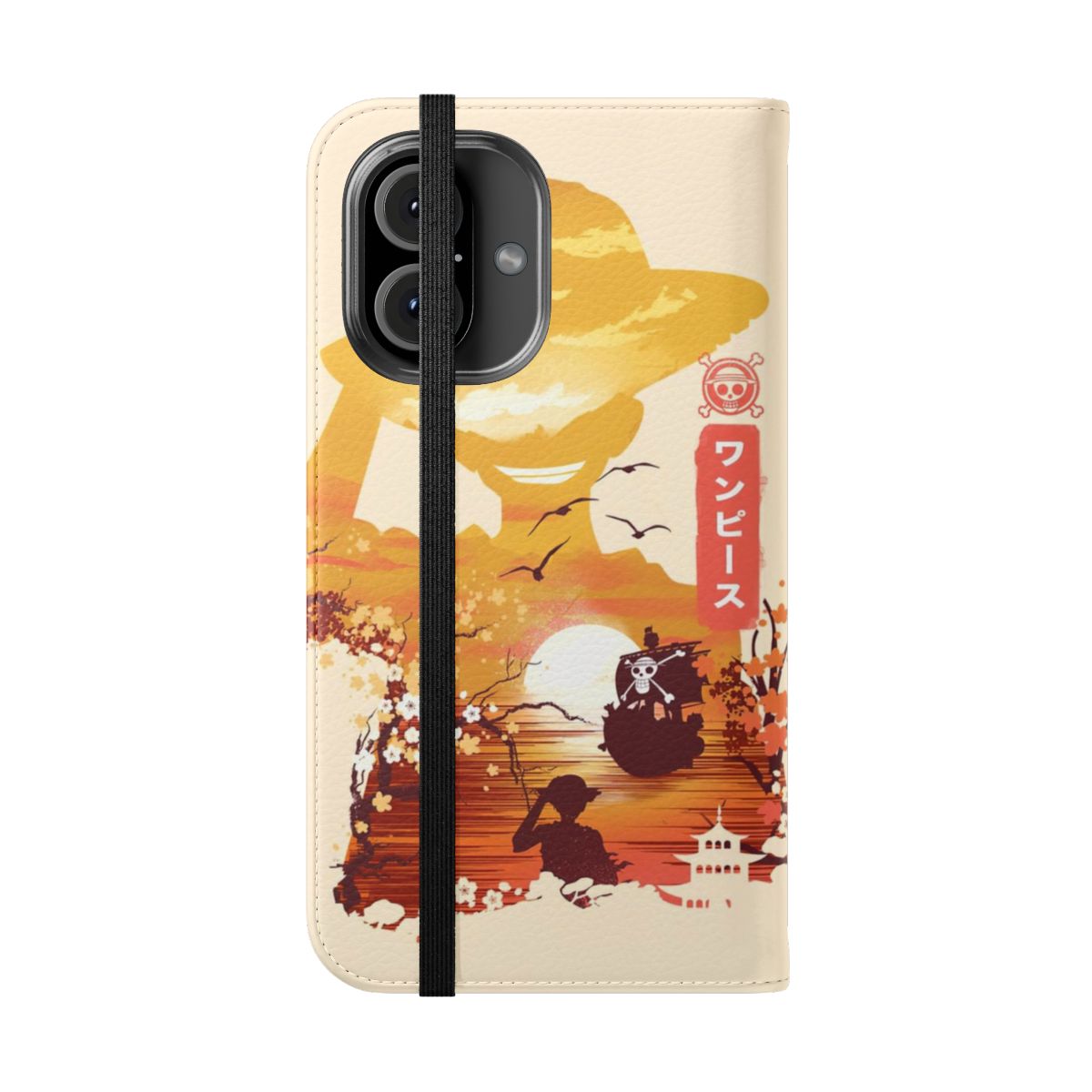 Flip cover phone case featuring characters from the popular anime and manga series One Piece. - Folded Front