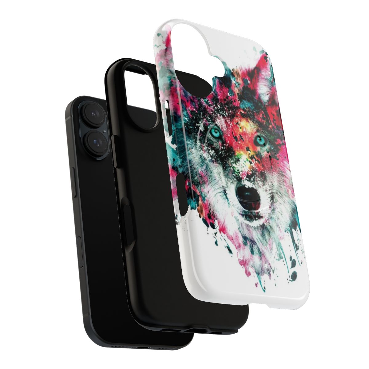 Colorful abstract watercolor wolf face artwork on a magnetic, tough phone case - Layers