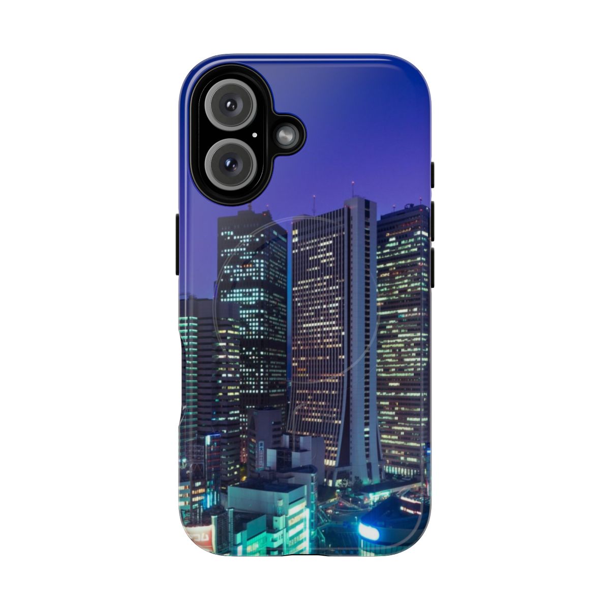 Vibrant neon glow phone case with a retro-futuristic design, featuring a cityscape inspired by synthwave and cyberpunk aesthetics.