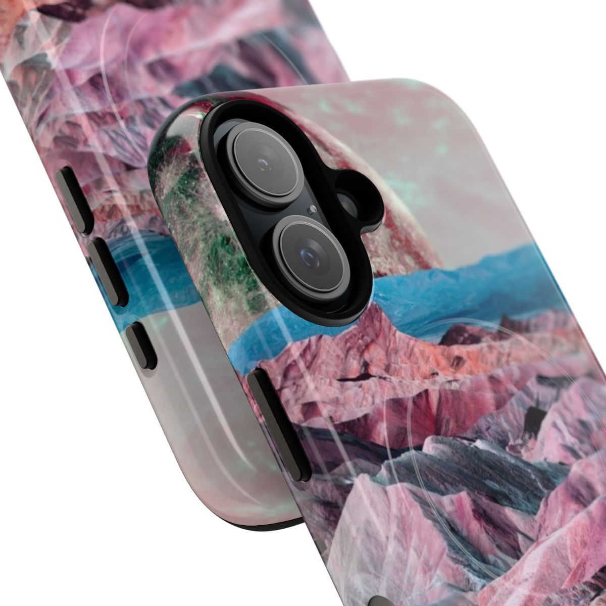 A collage-style phone case featuring a digital illustration of a planet, moons, and a colorful, bohemian-inspired landscape. - Detail