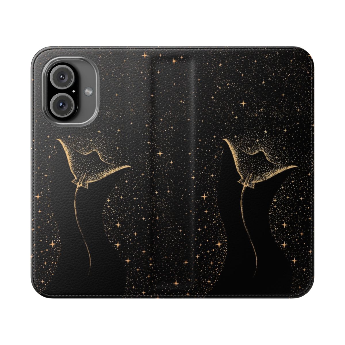 A dark gold flip cover phone case with a surreal space-themed design featuring spotted eagle rays, stingrays, and sharks swimming among the stars.