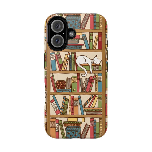 Bookshelf-themed phone case with hand-drawn pattern of books, cat, and reading accessories