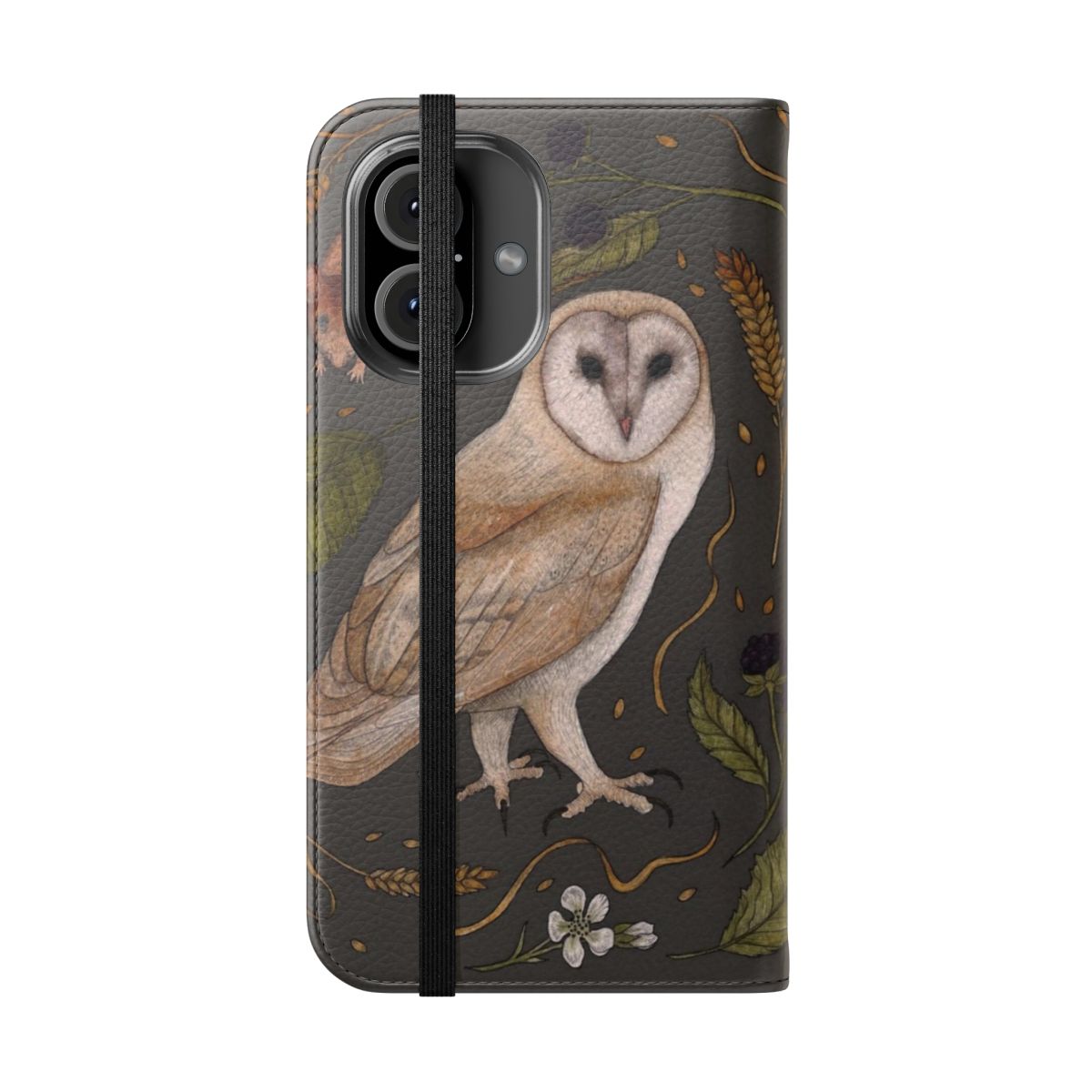 A artistic phone case featuring a watercolor illustration of a barn owl perched on a branch with blackberries. - Folded Front