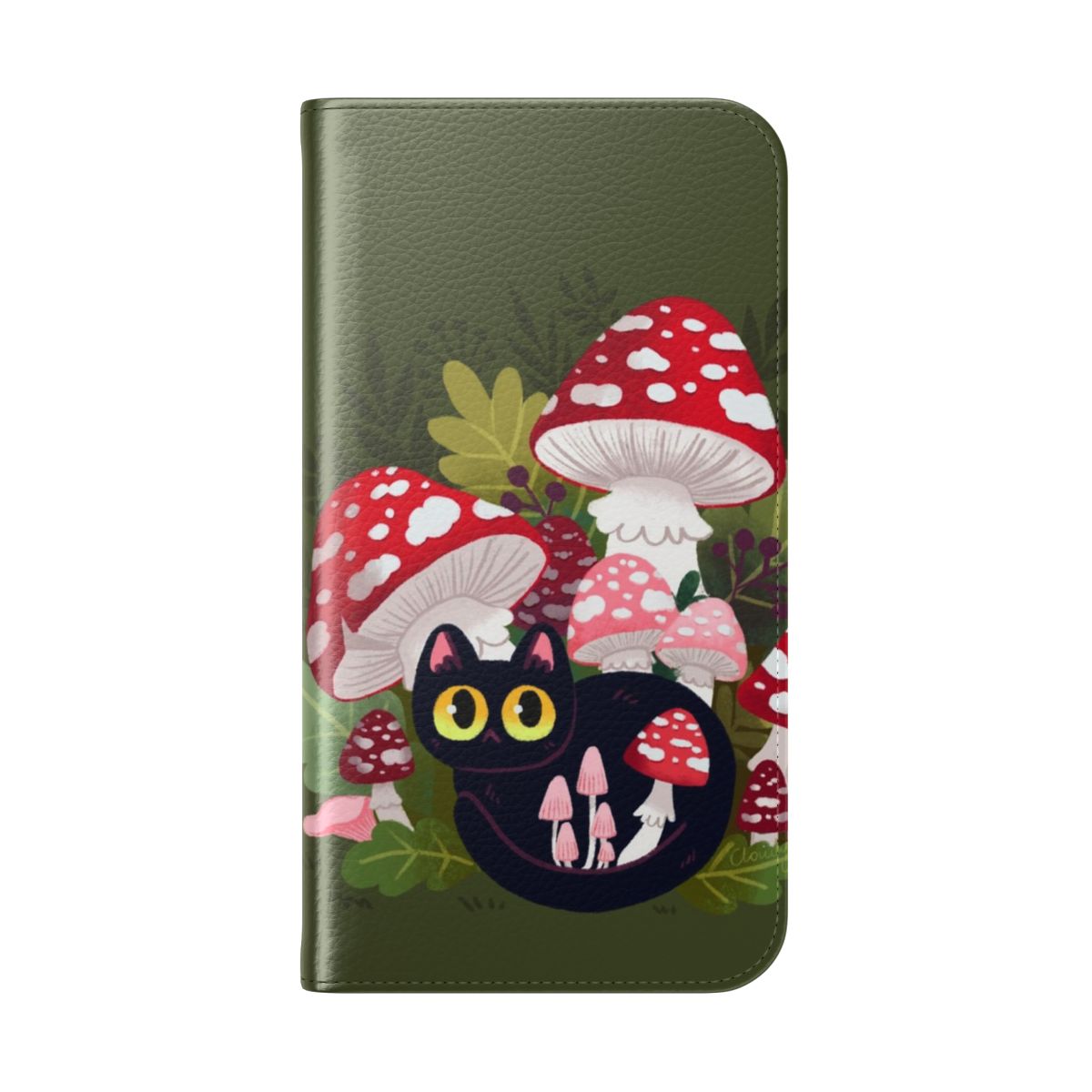 A flip phone case featuring a cute black cat surrounded by mushrooms, in a whimsical forest-inspired design. - Folded Back