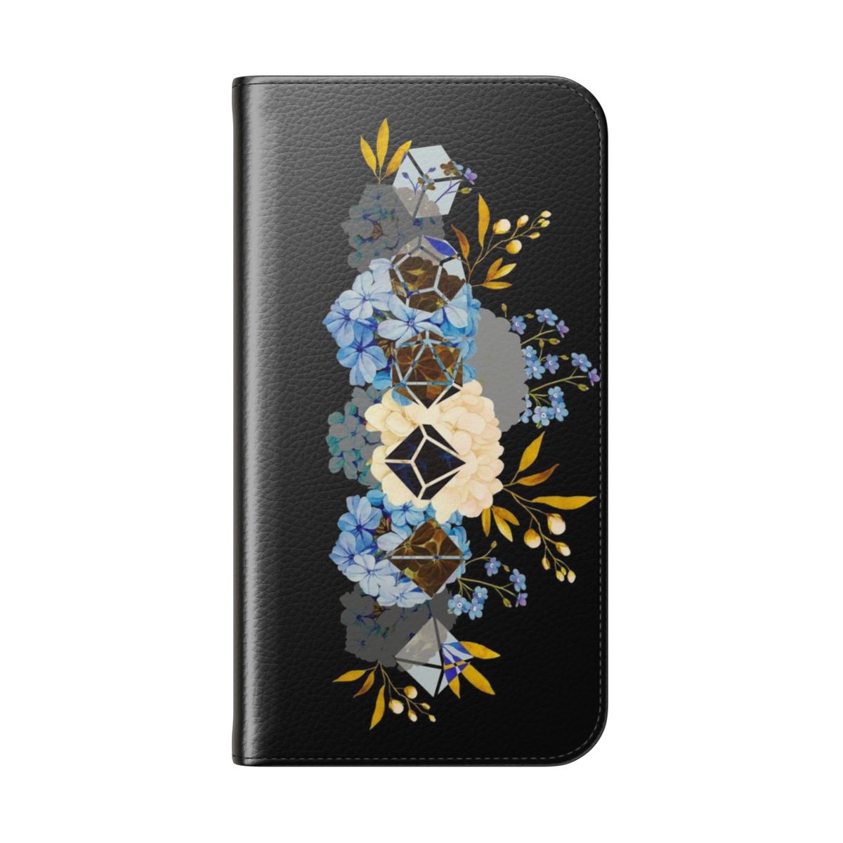 Blue and purple hydrangea flowers with dice, on a flip cover phone case - Folded Back