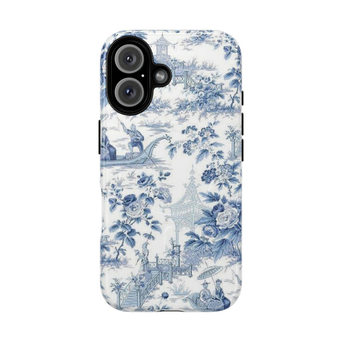 Powder blue chinoiserie toile patterned phone cases with magnetic closure and tough protection.