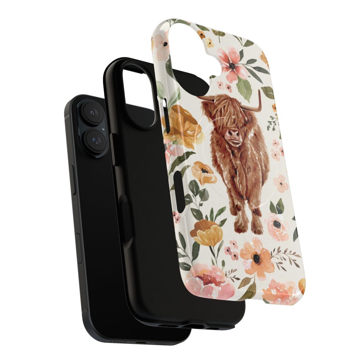 Boho floral phone case with a hand-painted watercolor highland cow design - Layers