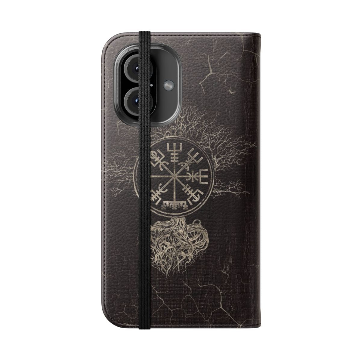 Flip phone case featuring the Vegvisir (Viking compass) and Yggdrasil (Tree of Life) designs - Folded Front