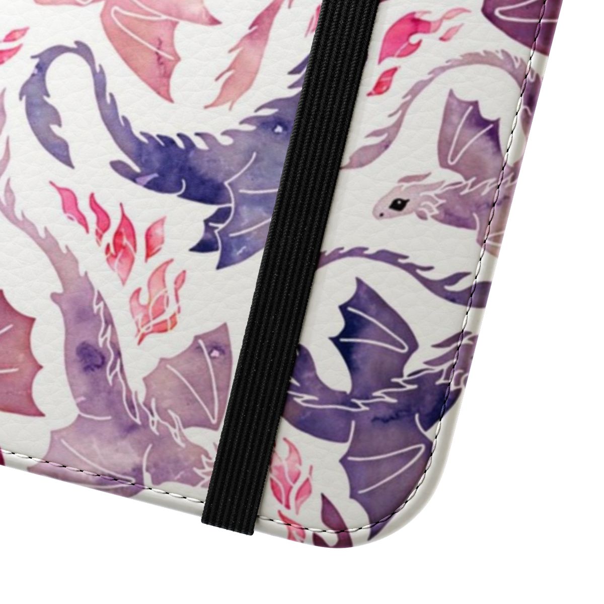 A pink and purple flip phone case with a watercolor dragon and flames design. - Close Up