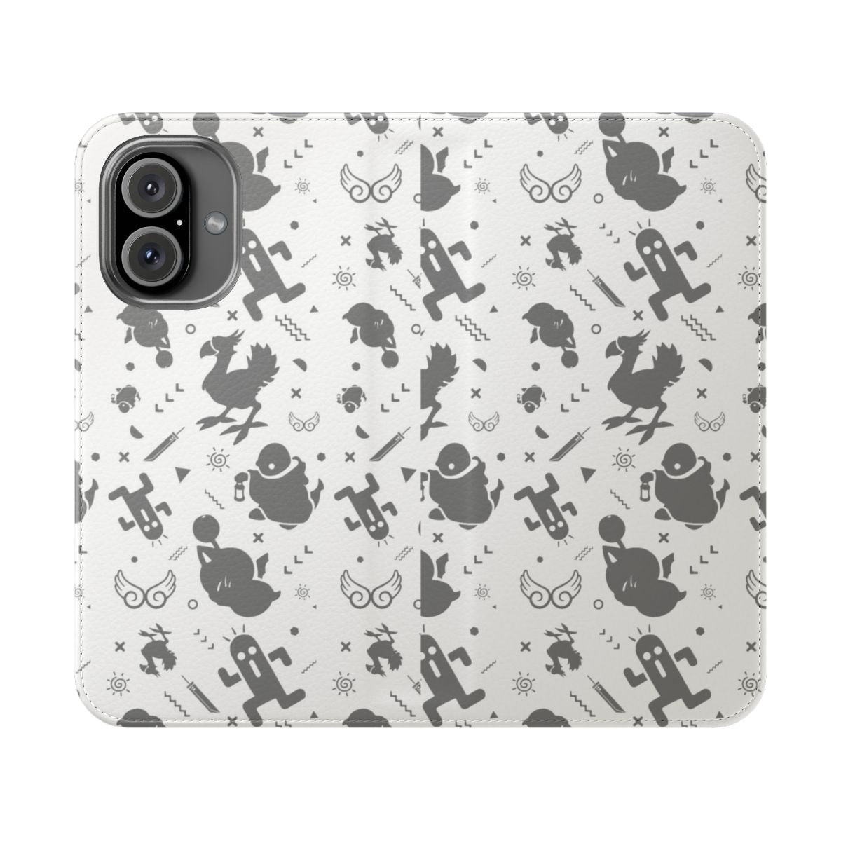 Vintage-inspired Final Fantasy-themed flip cover phone case with iconic characters and patterns.