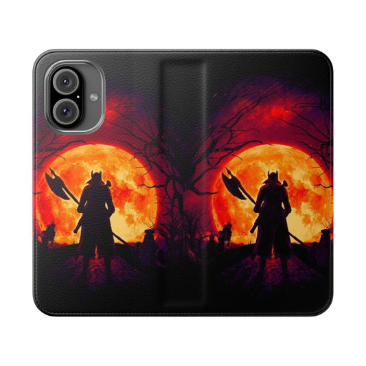 Bloodborne-inspired flip phone case with a blood moon design