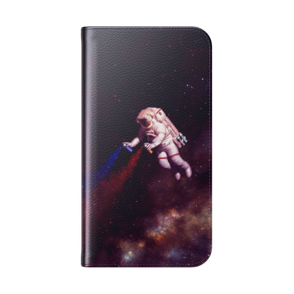 Colorful phone case with a galaxy and astronaut graffiti-style design - Folded Back