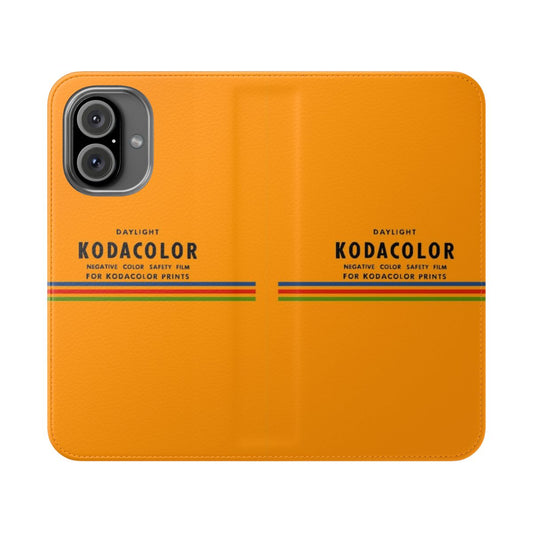 Vintage-inspired striped flip phone case with a retro Kodak camera design